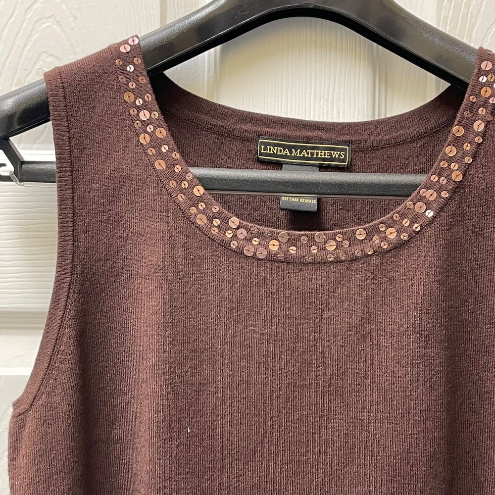 Linda Matthews Women's Large Brown &‎ Copper Sequined Sweater Tank